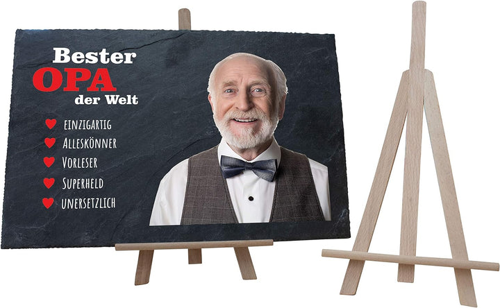 wandmotiv24 Schiefertafel Bester Opa mit Holz-Staffelei, Personalisiert mit Farb-Foto, Digitaldruck,