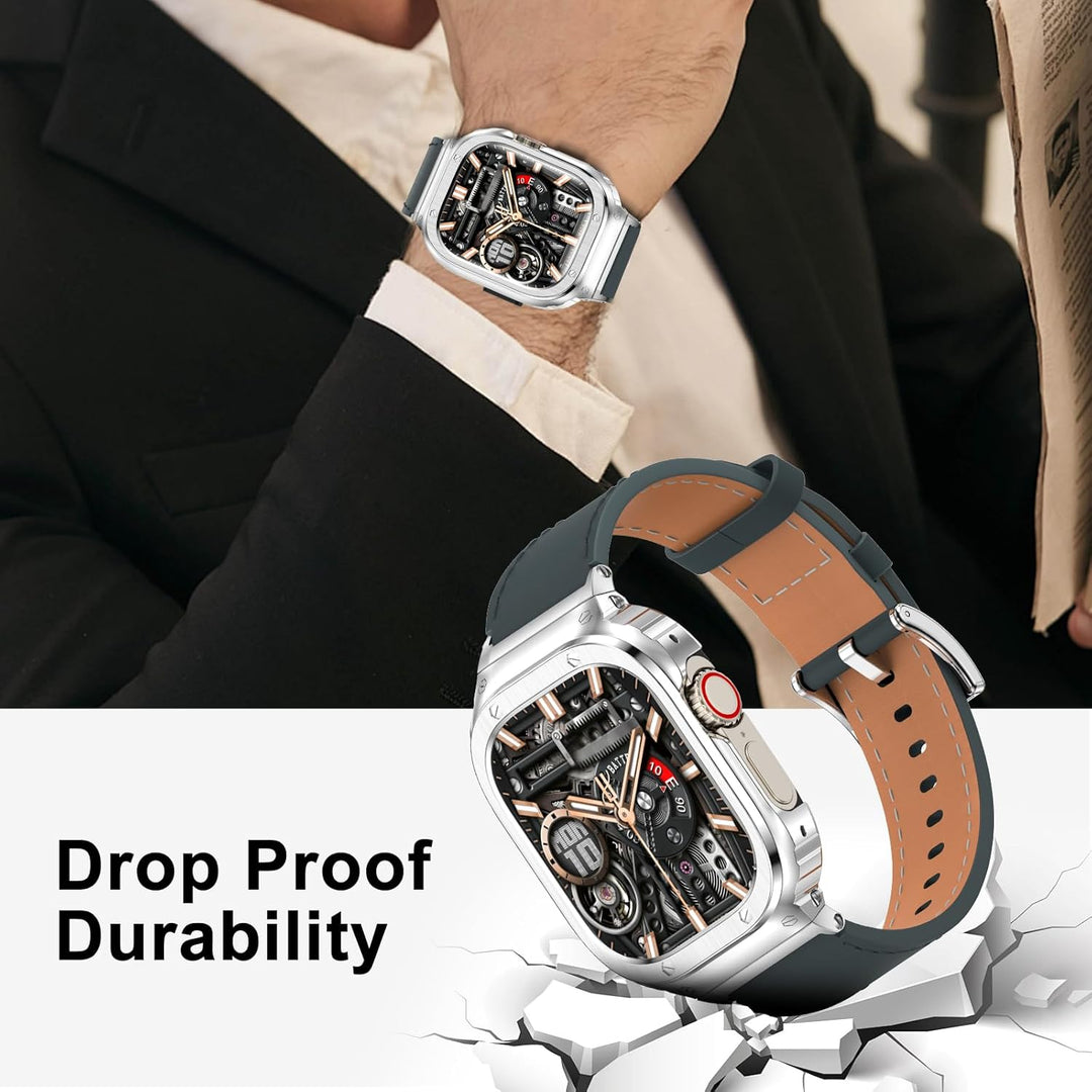 SUPLINK Metallgehäuse mit Lederarmband Kompatibel mit Apple Watch Armbändern 49mm,Robuste Edelstahl