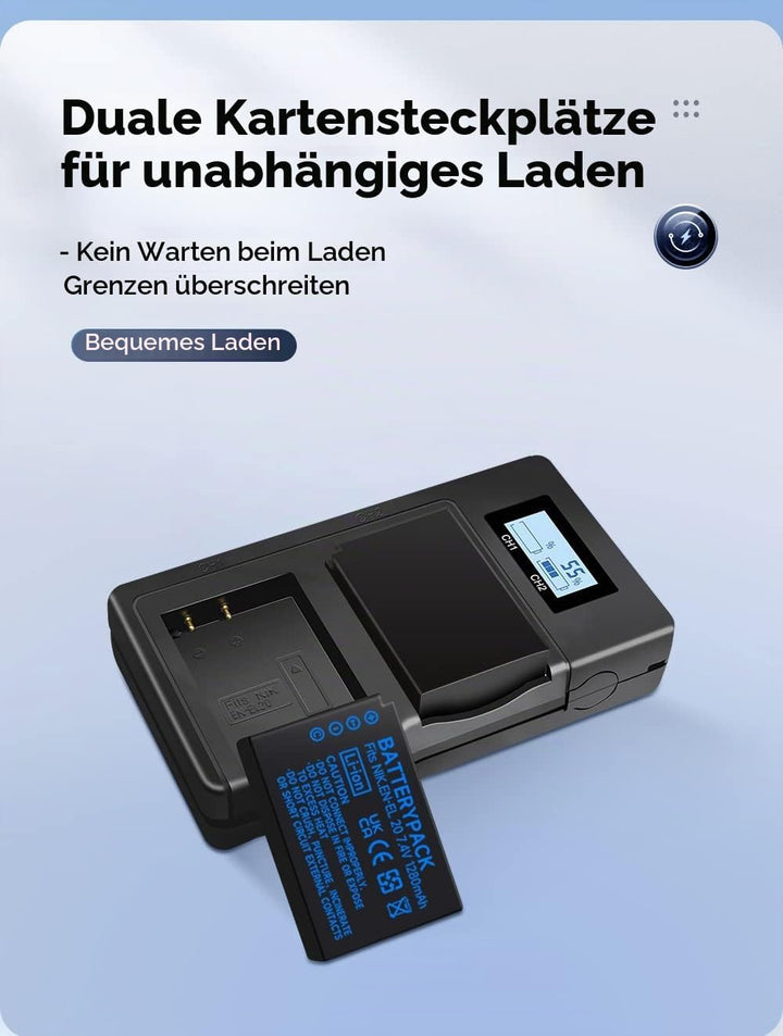 2 Stück EN-EL20 EN-EL20a Akkus und Smart LCD Display Dual USB Ladegerät für Nikon Coolpix P950, P100