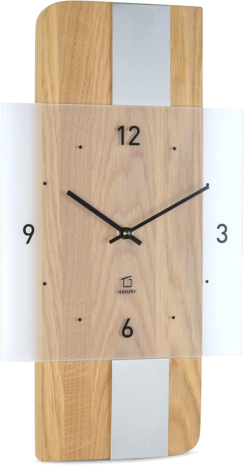 Natuhr Holz Metall Glas Wanduhr - Fusion - präzises Funk-Uhrwerk plastikfrei verpackt (Eiche geölt/E