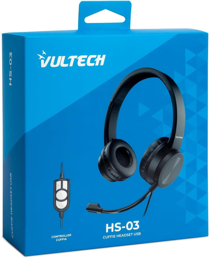 VulTech Headset On Ear HS-03 Schwarz USB Kopfhörer mit Mikrofon auf verstellbarem Kopfbügel für PC m