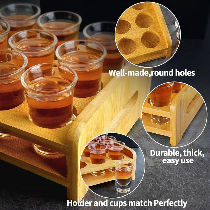 Schnapsglas-Set Mit Tablett - 12 Stück 30ml Gläser, Brett, Halter - Gerade, Dicke Basis, Klares Glas