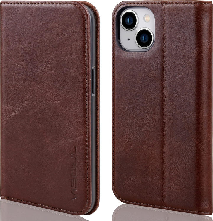 VISOUL iPhone 14 Plus Hülle, Stossfeste Handyhülle [Erstklassiges Rindsleder], TPU Schutzhülle [Kart