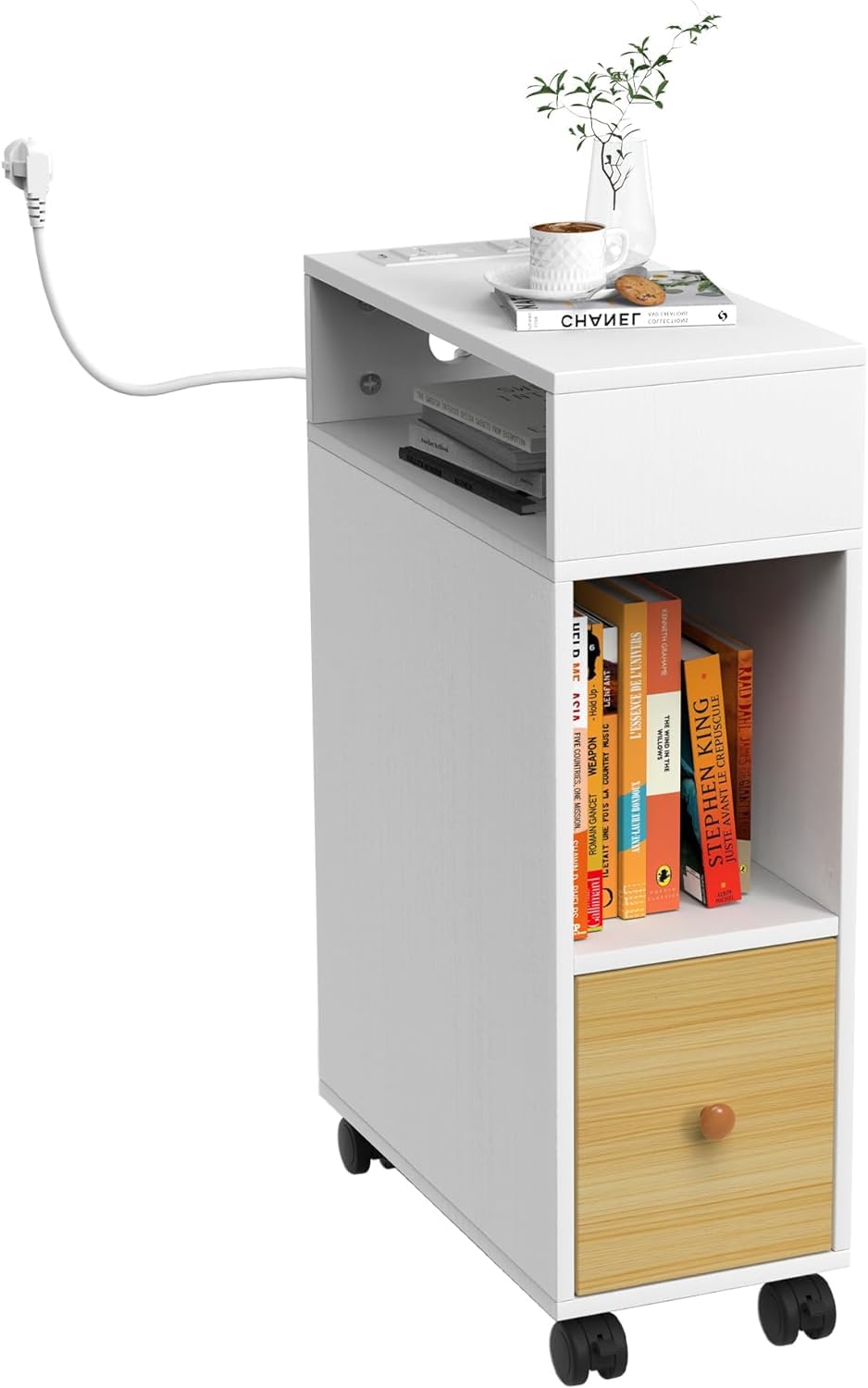 PIPIPOXER Nachttisch schmal mit Rollen, kleiner Nachttisch, Eichenfarben, mit 1 Schublade, USB-Ansch