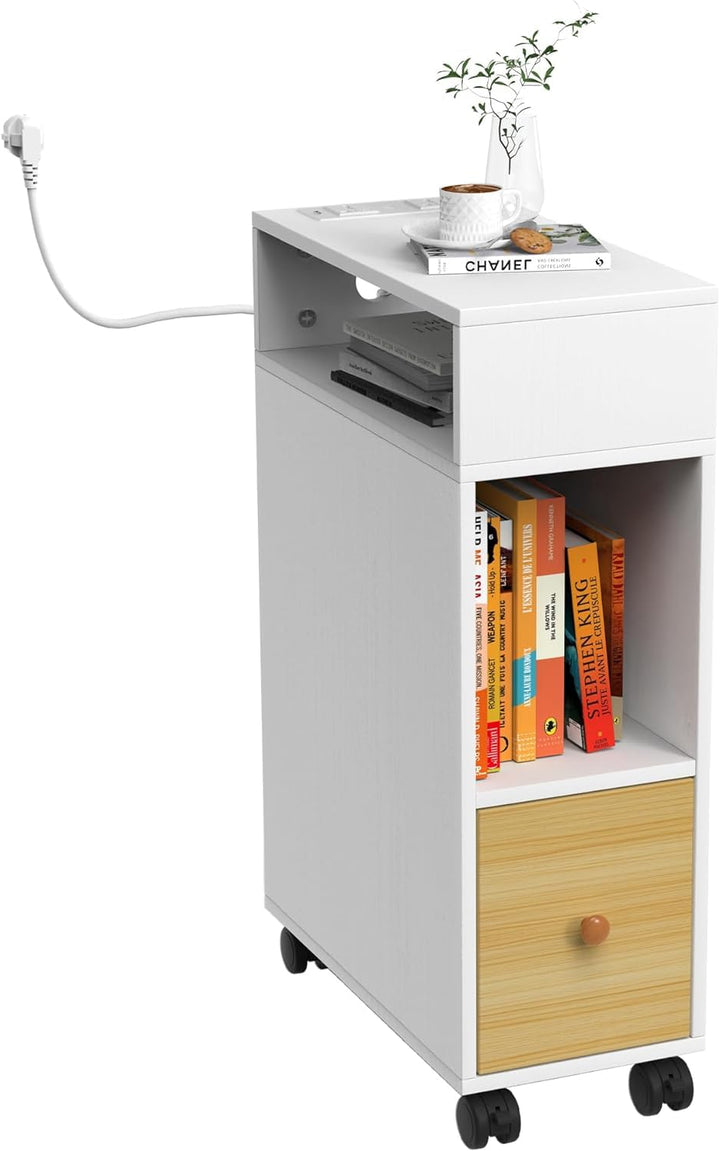 PIPIPOXER Nachttisch schmal mit Rollen, kleiner Nachttisch, Eichenfarben, mit 1 Schublade, USB-Ansch