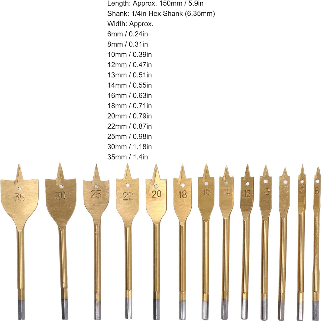 Flachbohrer-Set für Holzbearbeitung, Hartstahl, 6,35 mm (1/4 Zoll), Sechskantschaft, Spatenbohrer, L