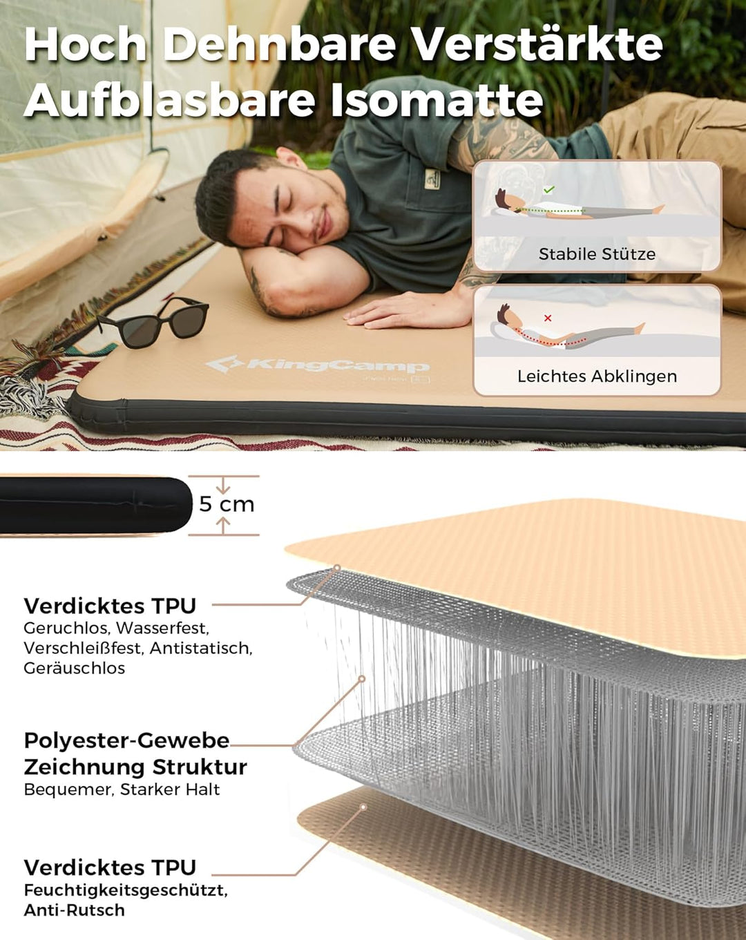KingCamp Isomatte Camping 500KG Belastbar Aufblasbare Matratze 5cm Dicke Hohe Elastizität Stummschal