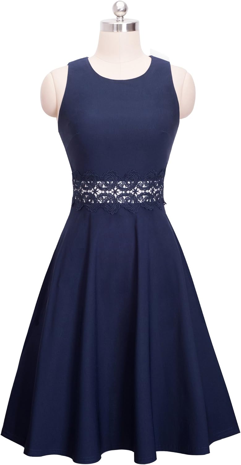 HOMEYEE Damen Vintage Rundhalsausschnitt Blumen Bestickt Knielang Elegant Cocktailkleid UKA079 S Dun