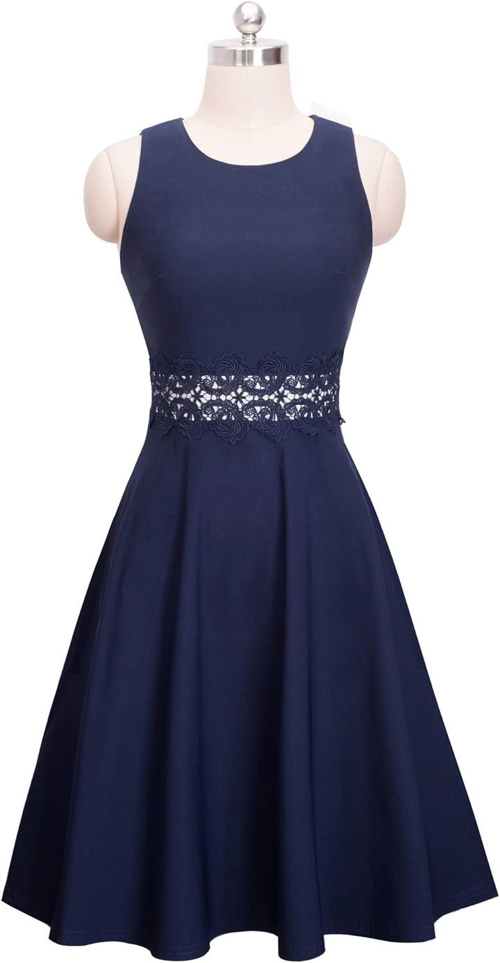 HOMEYEE Damen Vintage Rundhalsausschnitt Blumen Bestickt Knielang Elegant Cocktailkleid UKA079 S Dun