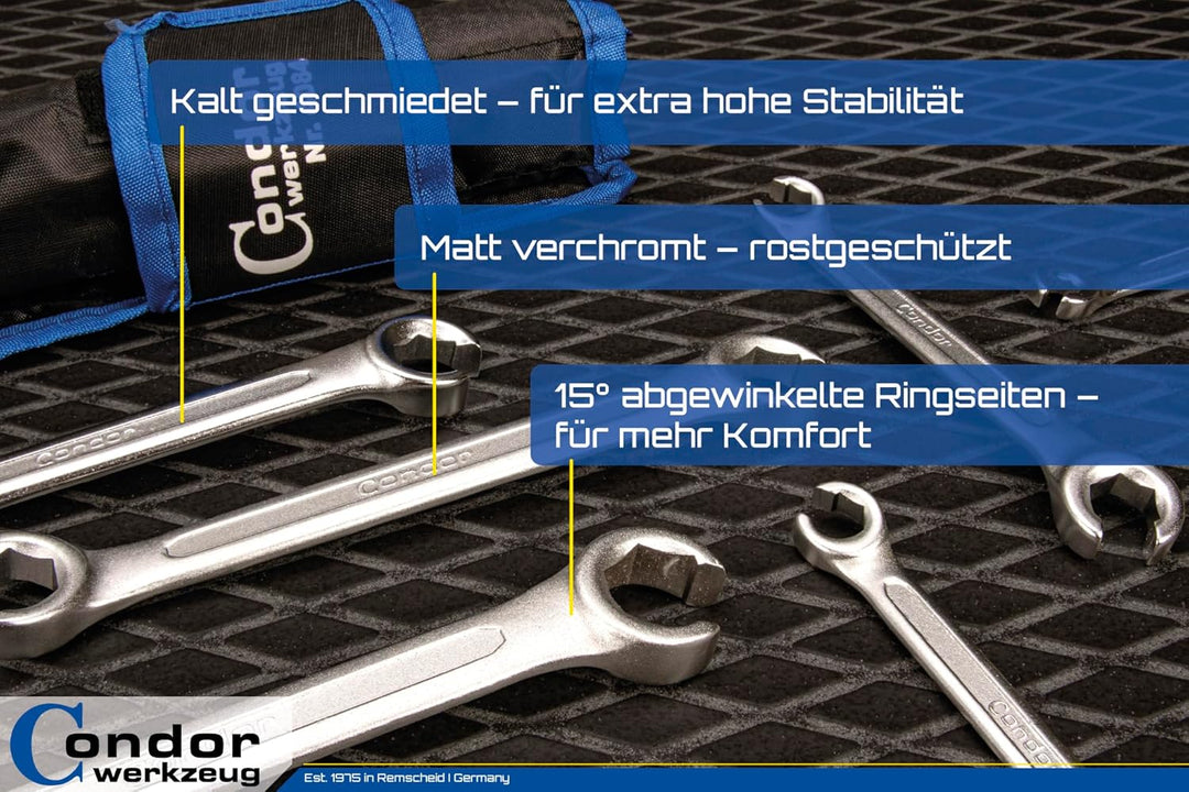 CONDOR Werkzeug 4084 | Offener Ringschlüssel-Satz | Leitungsschlüssel-Satz | 7-tlg. | SW 6x7-18x19 m