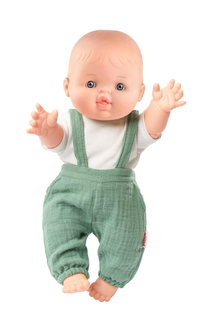 Heless 54021 - Jungen Babypuppe Gordi von Paola Reina, mit Musselin-Latzhose in Salbeigrün und einem