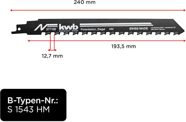 kwb Säbelsägeblätter für Steinbearbeitung, HM Hartmetallzähne, Hochlegierter Stahl, stabile Zahn-Ver