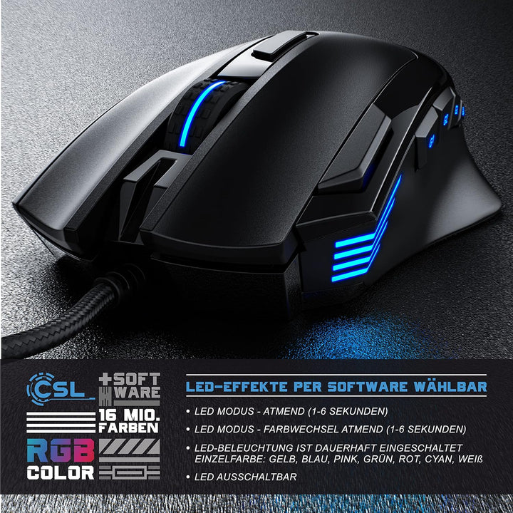 CSL - 4800 DPI Gaming Maus mit RGB Beleuchtung – optische Computermaus - 9 Tasten – 600-4800 DPI – 7