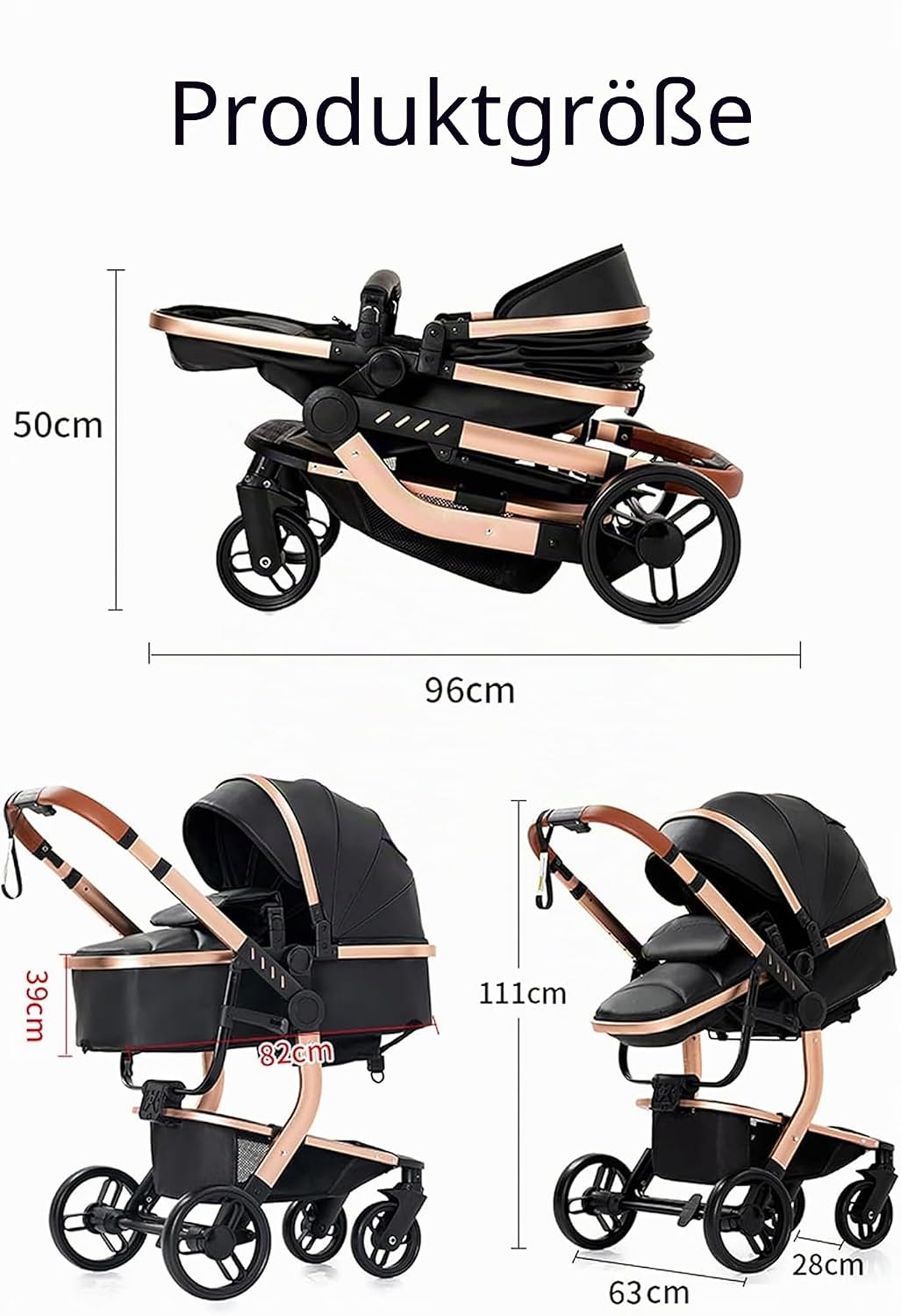 Magic ZC PU-Leder Kinderwagen 3 in 1, Kinderwagen Set Umkehrbarem Doppelschiebemodus, Kombikinderwag