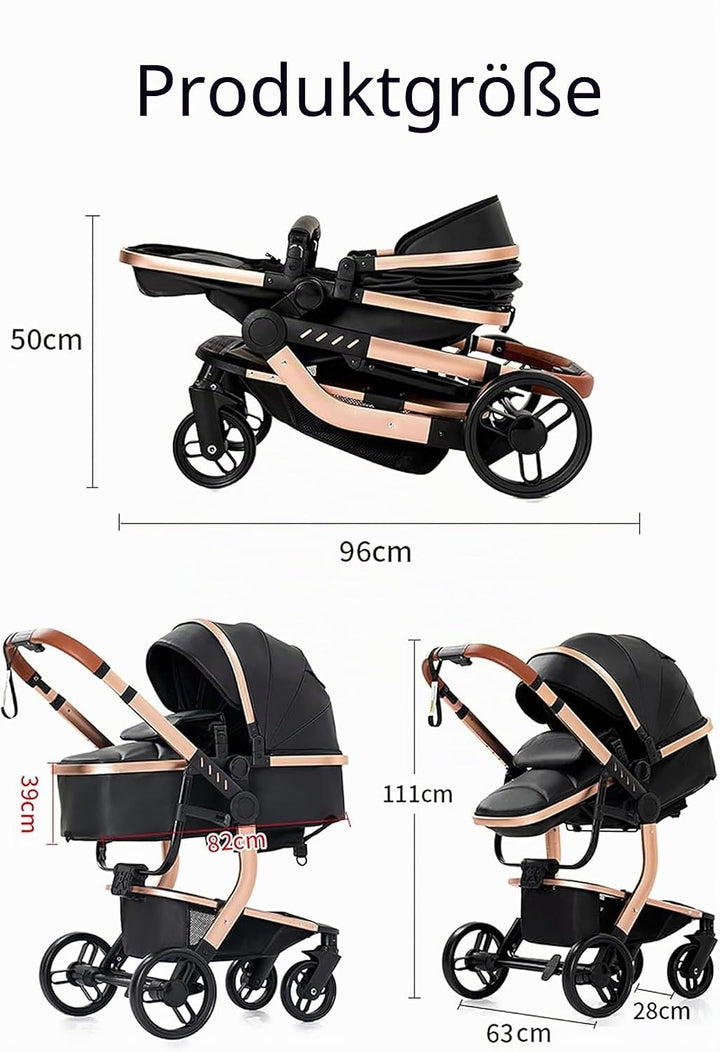 Magic ZC PU-Leder Kinderwagen 3 in 1, Kinderwagen Set Umkehrbarem Doppelschiebemodus, Kombikinderwag