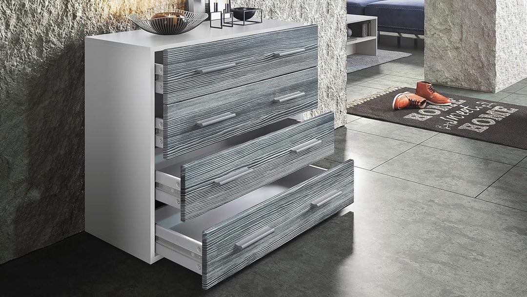 Vladon Sideboard Pavos, Kommode mit 4 Schubladen, Weiss matt/Eiche Nordic (76 x 72 x 35 cm), Eiche N