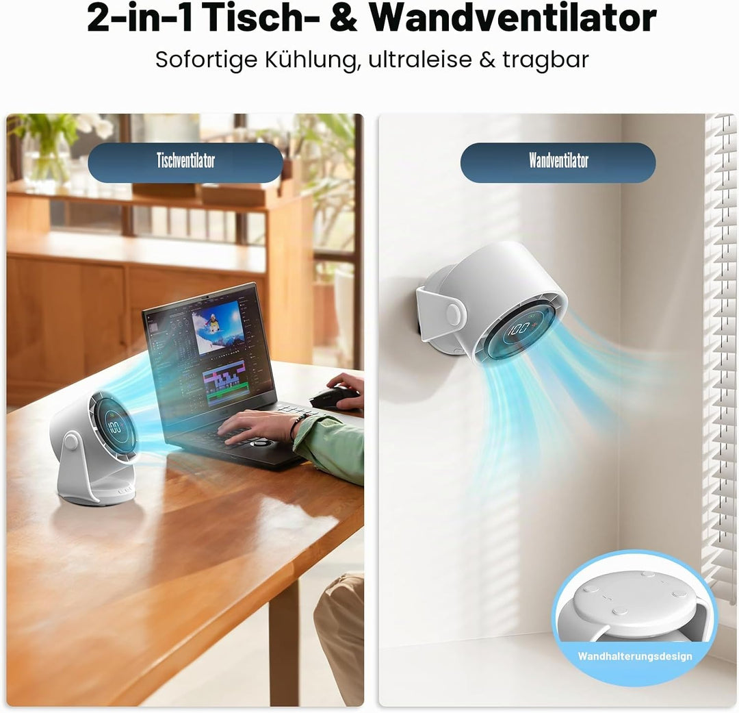 Rintea Tischventilator Wiederaufladbar,USB Ventilator Geräuscharm,10 Geschwindigkeiten mit Memory Fu