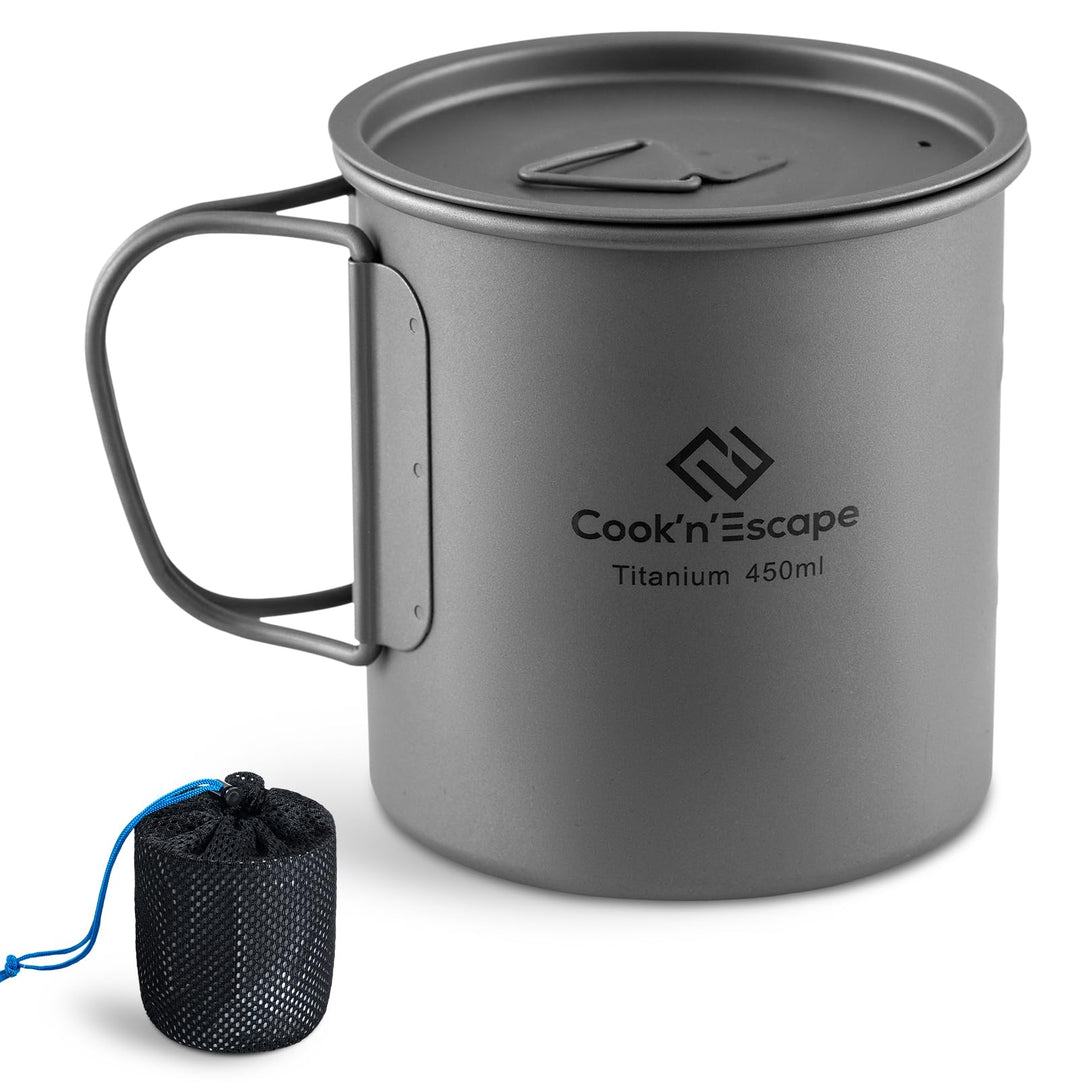 COOK'N'ESCAPE Titan Camping Tasse mit Deckel Titanium Topf Becher mit faltbarem Griff 450ml Leicht u