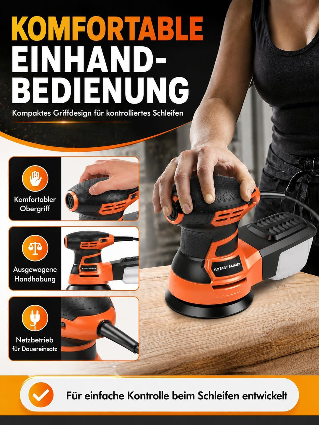 Exzenterschleifer 125mm, 350W Schleifmaschine 6000-13000 U/min, 6 Geschwindigkeiten, mit Staubabsaug