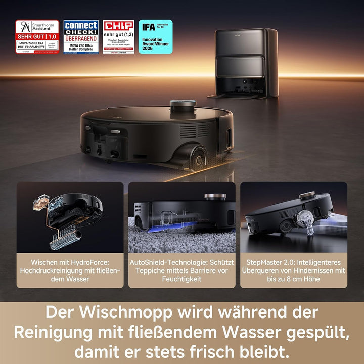 MOVA Z60 Ultra Roller Complete, HydroForce-Wischen, AutoShield-Tech Schwarz | StepMaster 2.0 System,