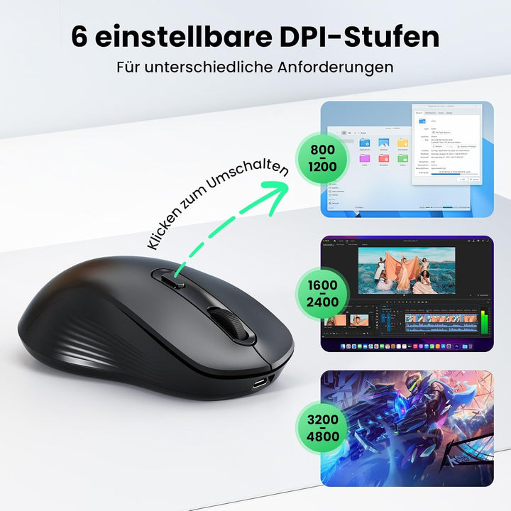 TECKNET Bluetooth Maus, PC Maus Kabellos, Wiederaufladbar Computer Maus 4800 DPI, (BT 5.0/3.0+2.4 GH