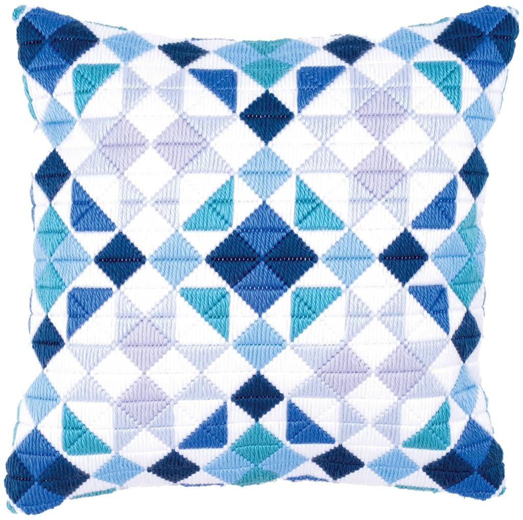 Vervaco Spannstich Stickkissen Rauten in Blau Spannstichkissen, Baumwolle, Mehrfarbig, 40 x 40 x 0.3