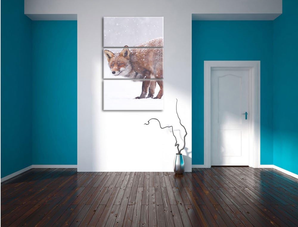 Pixxprint Roter Fuchs im Schneegestöber als Leinwandbild/Grösse: 3 Teilig (120x80) cm/Wandbild/Kunst