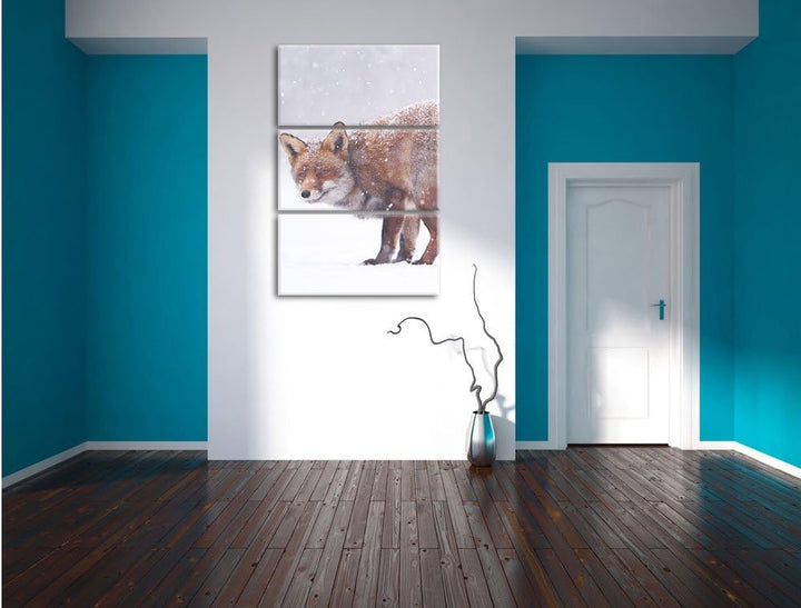 Pixxprint Roter Fuchs im Schneegestöber als Leinwandbild/Grösse: 3 Teilig (120x80) cm/Wandbild/Kunst
