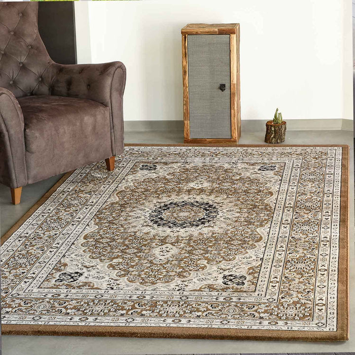 VIMODA Teppich Wohnzimmer Orient Stil Ornament Bordüre Braun Beige, Masse:80 x 150 cm 80 x 150 cm Br