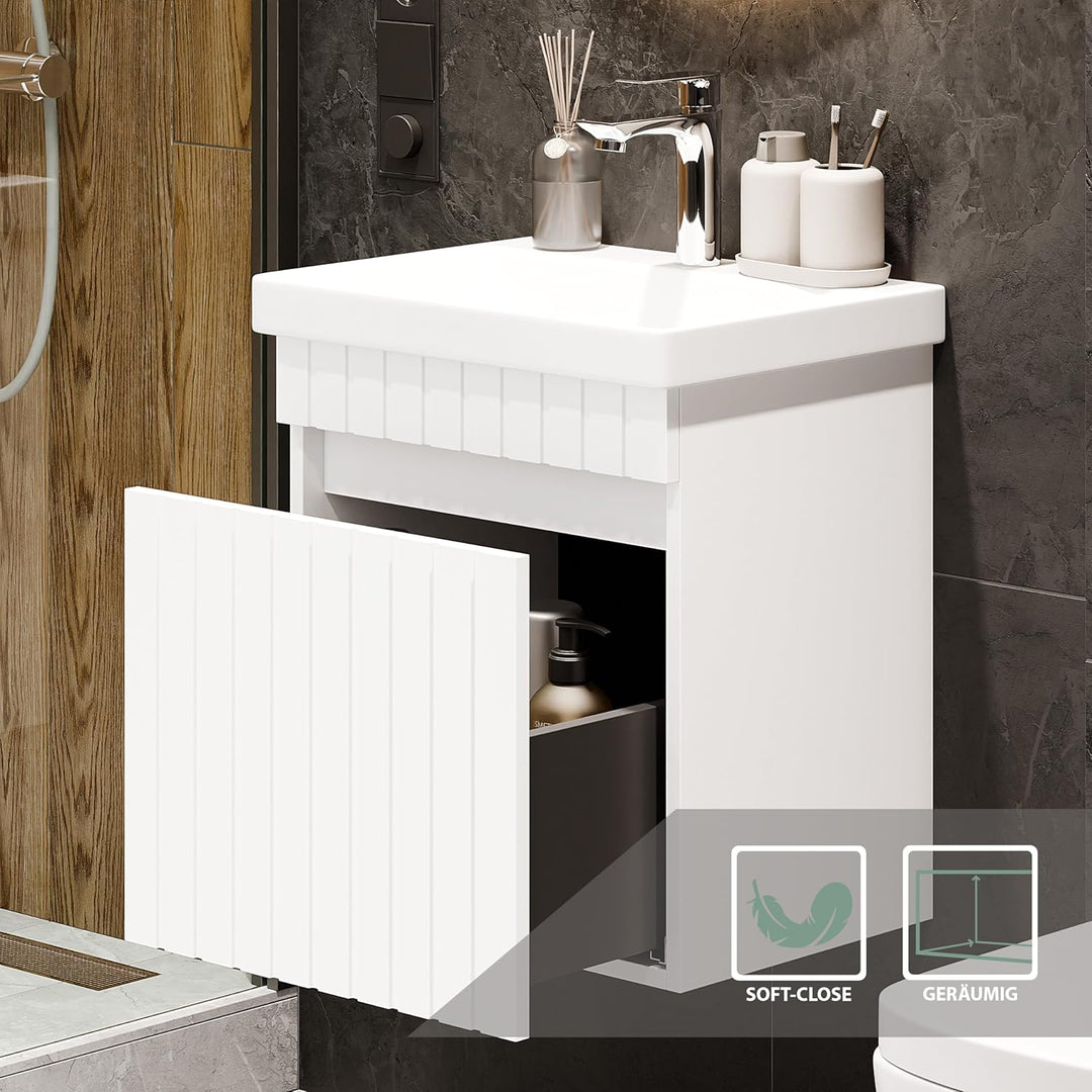 Planetmöbel Cosmia Badmöbel Set Waschbecken mit Unterschrank 50 x 60 x 35 cm Weiss, Spiegel mit Bele