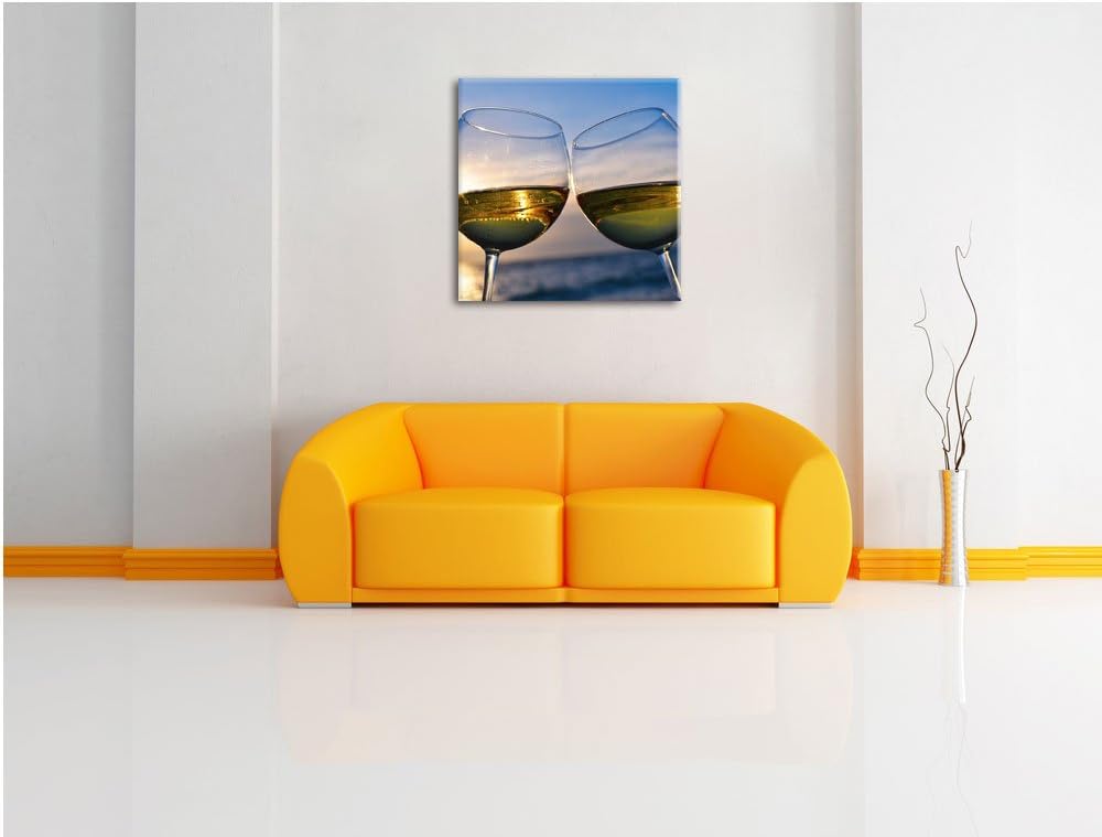 Pixxprint Weingläser im Sonnenuntergang am Meer, Format: 70x70 auf Leinwand, 70x70