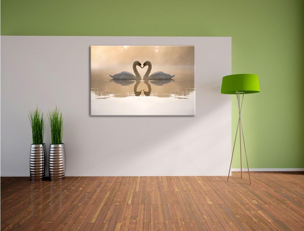 Verliebte weisse Schwäne im Morgengrauen Format: 100x70 auf Leinwand, XXL riesige Bilder fertig gera