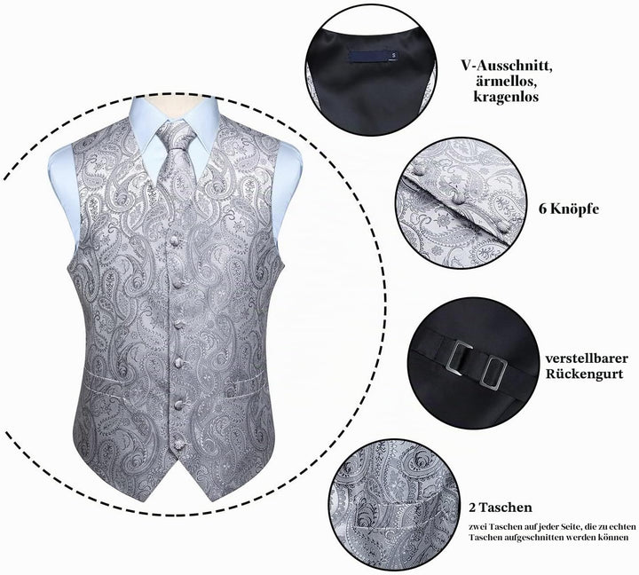 Enlision Herren Paisley Floral Jacquard Weste & Krawatte und Pocket Square Weste Anzug Set M Grau, M