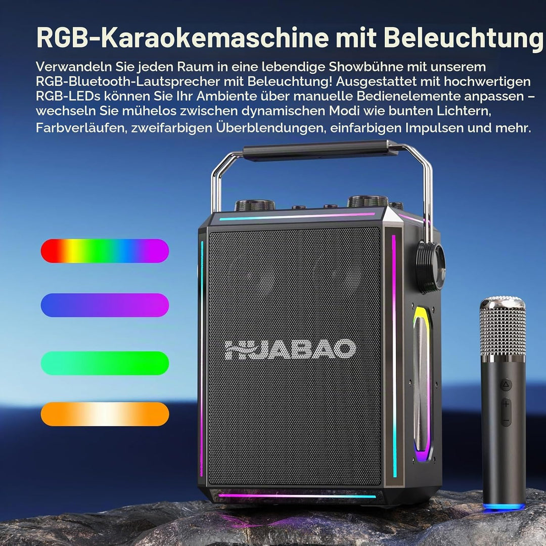 Tragbarer Bluetooth-Karaoke-Lautsprecher mit 2 kabellosen Mikrofonen, RGB-Beleuchtung, Höhen- und Ba