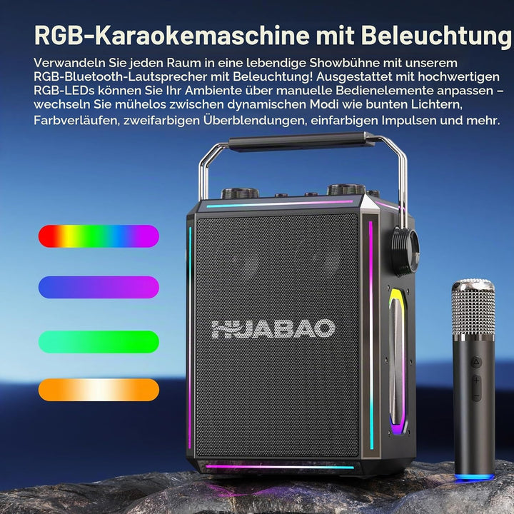Tragbarer Bluetooth-Karaoke-Lautsprecher mit 2 kabellosen Mikrofonen, RGB-Beleuchtung, Höhen- und Ba