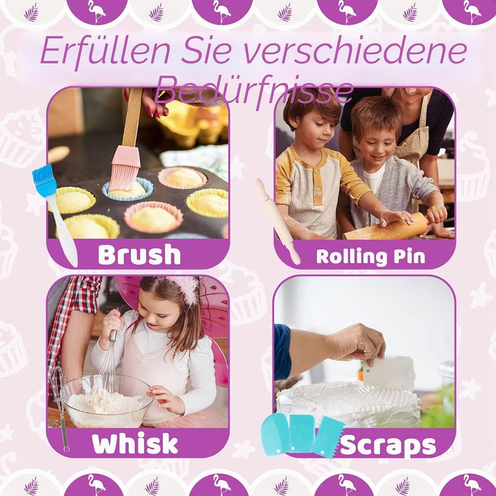 KAEGREEL Kinder Backset mit Flamingo-Schürze, 26-teilig Küchenset Backutensilien mit Kochmütze Löffe
