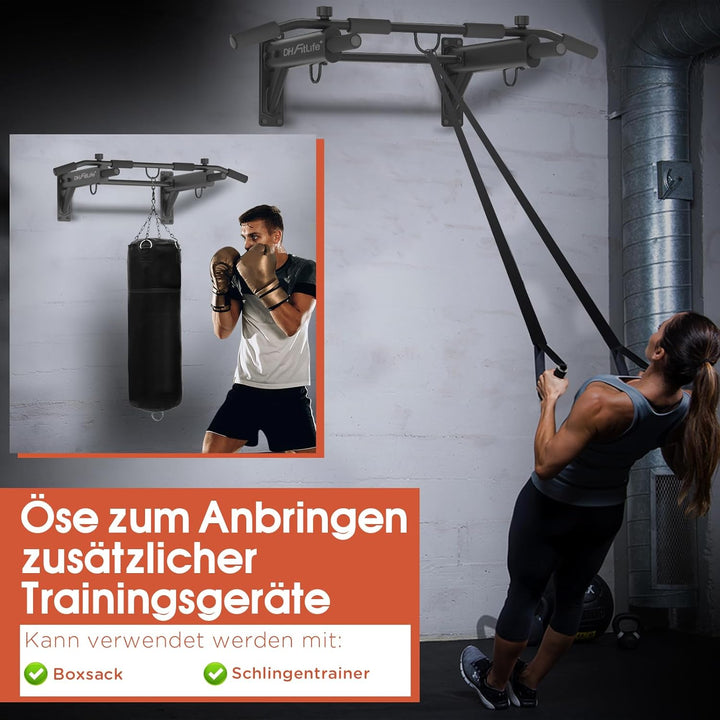 DH FitLife 4in1 Klimmzugstange Wand zur Wandmontage mit Spreizdübel, Multifunktionale Pull-Up Bar fü