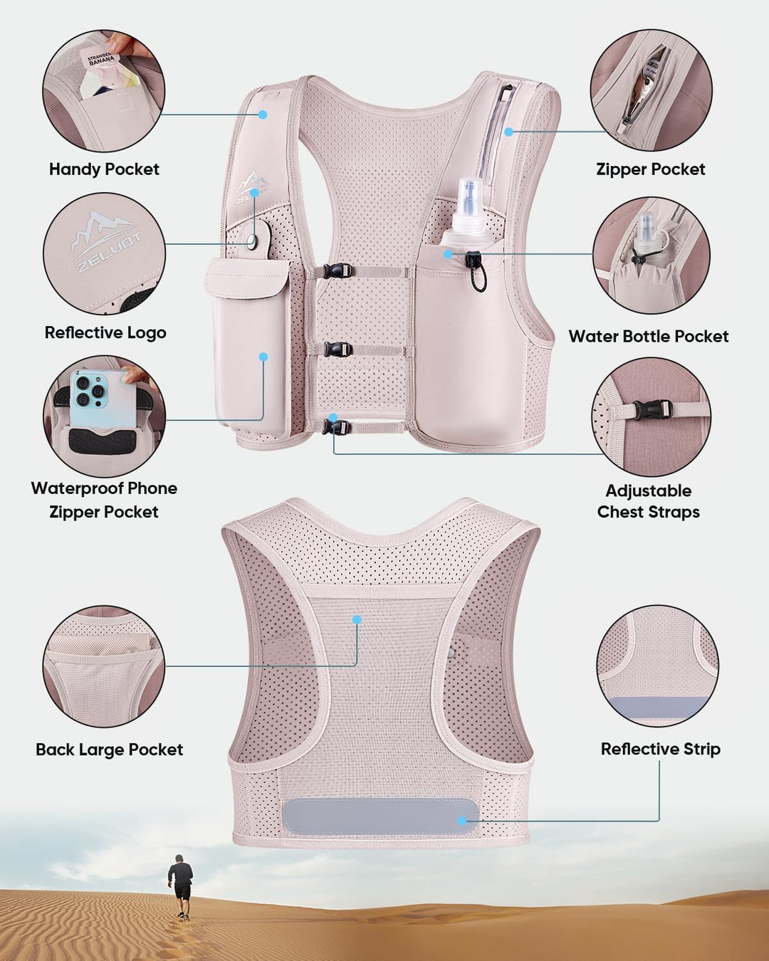 Zelvot Laufweste für Damen und Herren, Europäisches Originalpatent, Verstellbare Brustgurte, Trinkwe