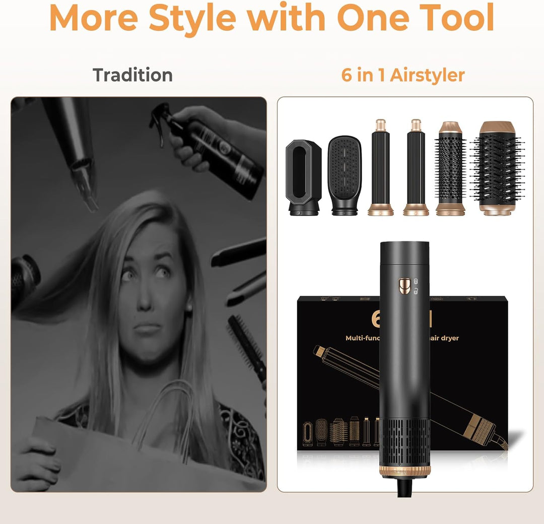 6 in 1 Hairstyler, Professioneller Haarstyler Föhn, 30mm Lockenstab Warmluft Curler, All in One Airs