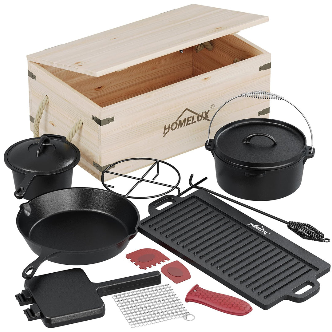 HOMELUX 12-teilig Dutch Oven Set in Holzkiste mit 4,5L Dutch Oven Topf &amp; 3,6L Saucier – Inkl. Grillp