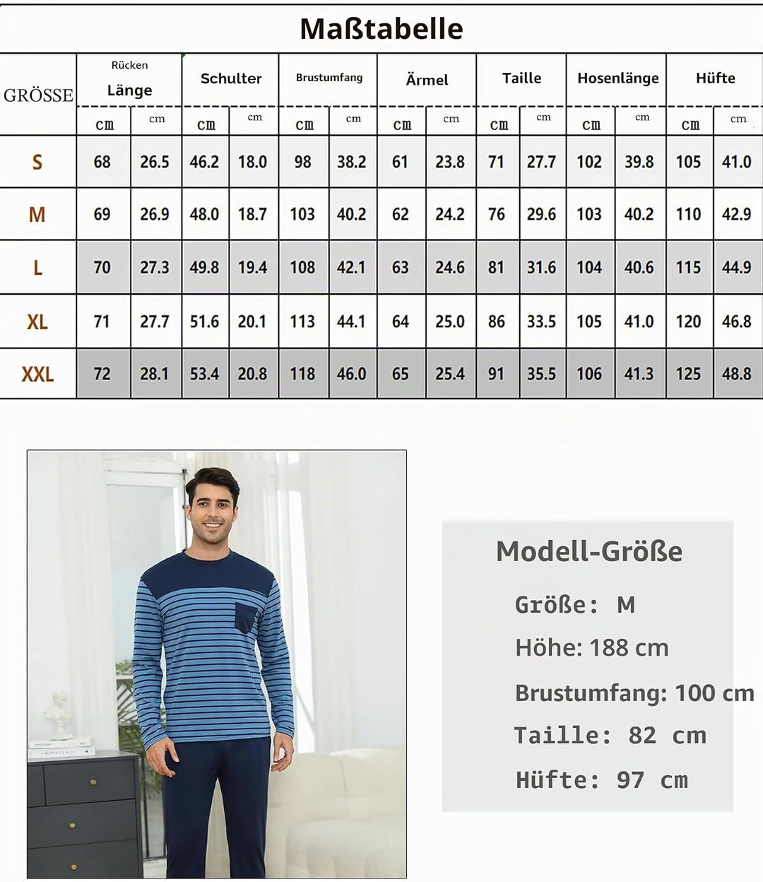 Irdcomps Schlafanzug Herren Pyjama Lang Winter Baumwolle Nachtwäsche Männer Set Langarm Gestreift M