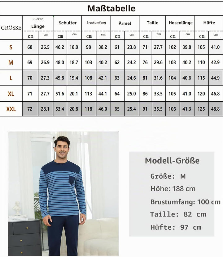 Irdcomps Schlafanzug Herren Pyjama Lang Winter Baumwolle Nachtwäsche Männer Set Langarm Gestreift M