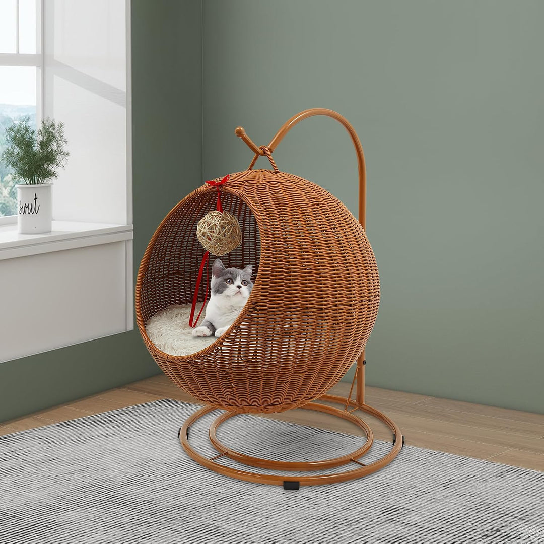Katzenkorb hängend, Katzen Hängematte aus Rattanimitat, bequemes Katzenschaukel mit Weiches Kissen (