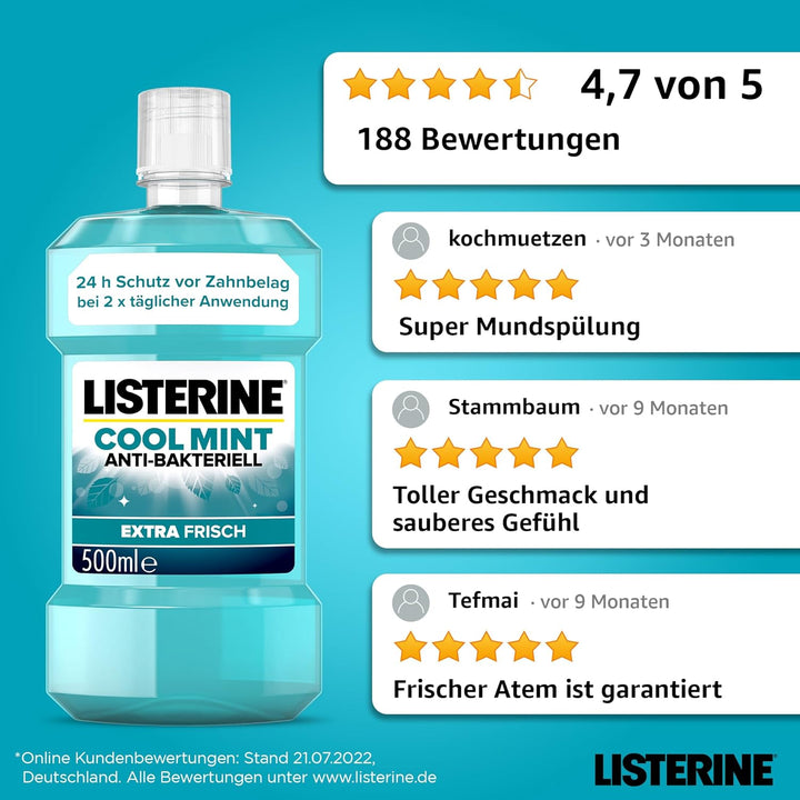 LISTERINE Cool Mint (6 x 500 ml), antibakterielle Mundspülung mit ätherischen Ölen & Minzgeschmack,