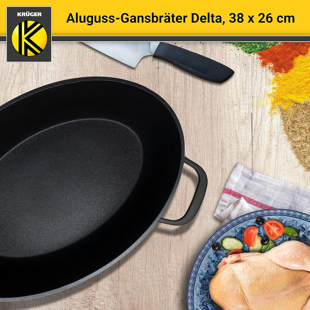 Krüger Aluguss-Bräter - Bräter mit Antihaft-Versiegelung (Aluguss-Gansbräter Delta - mit Induktion (