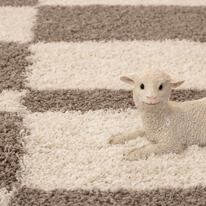 Carpetsale24 Teppich Wohnzimmer Moderne Kariert Design Shaggy Flokati 200 cm Rund Beige-Creme - Hoch