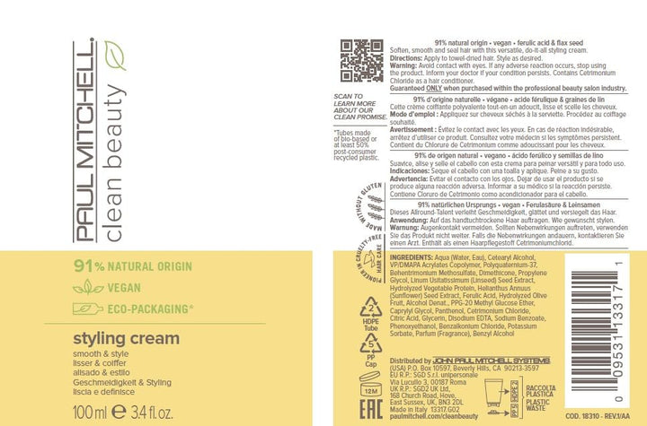 Paul Mitchell Clean Beauty Styling Cream – vegane Haar-Creme für alle Haartypen, Haarstyling für fle