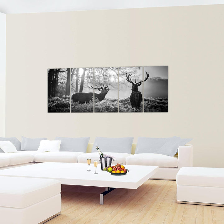 Runa Art Wandbild XXL Winter Hirsch Wohnzimmer Schlafzimmer 200 x 80 cm Schwarz Weiss 5 Teilig - Mad