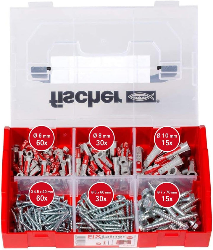 fischer FixTainer DuoPower mit Schraube, Dübelbox mit 210 Schrauben & DuoPower Dübeln (60 Stk. 6 x 3