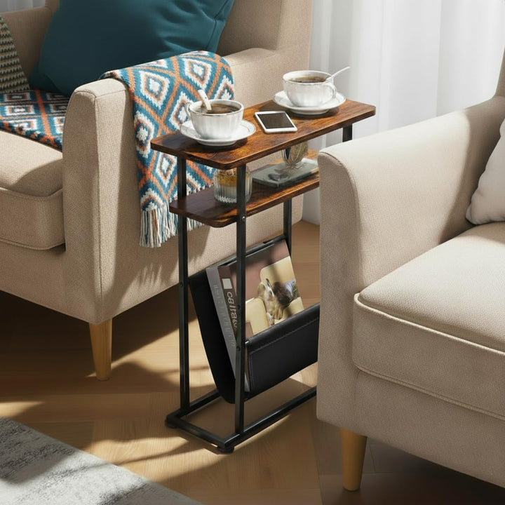 Kleiner Beistelltisch für kleine Räume, Schlanker Couchtisch mit Zeitschriftenhalter - 2 in 1 Schmal